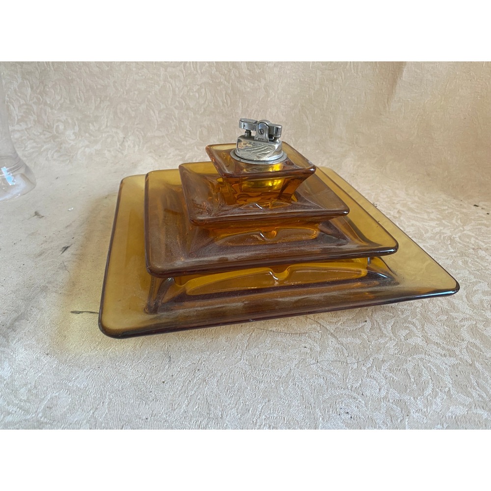 Vintage Amber Glass Ashtray Lighter Set 4pc MCM Brown Good Retro Home Decor